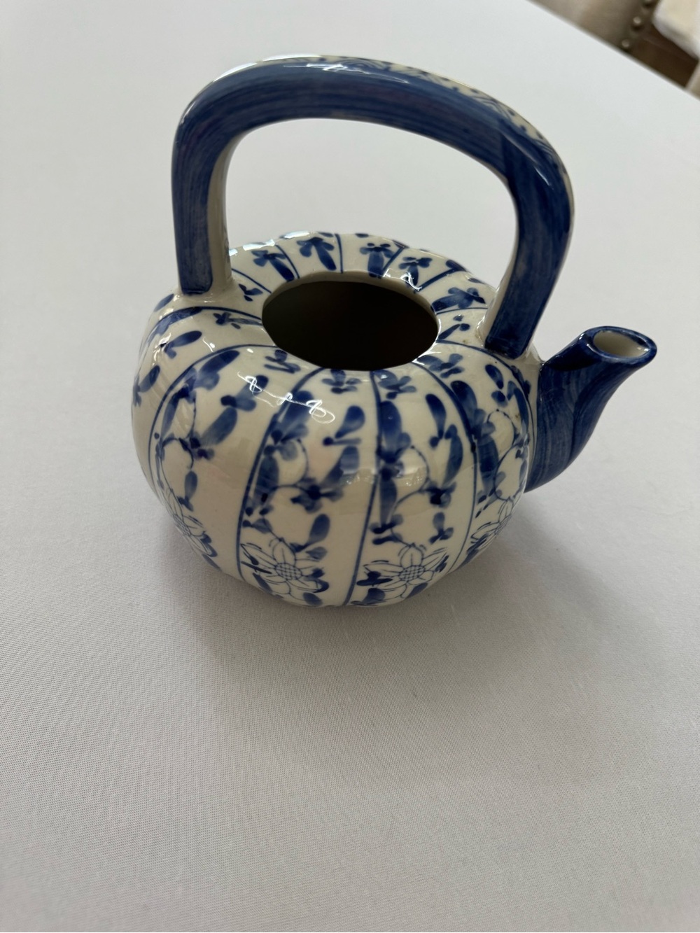 Blue & White Chinoiserie Ceramic Teapot Floral Decor